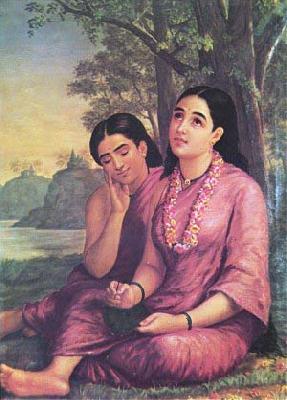Raja Ravi Varma Shakuntala writes to Dushyanta. oil painting picture